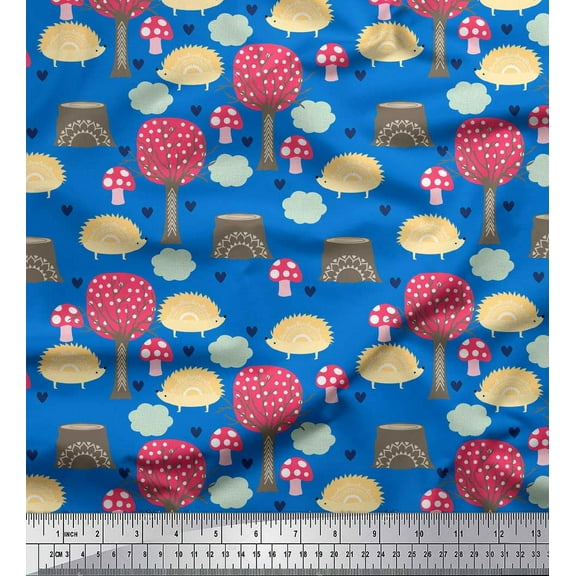 Soimoi Blue Cotton Voile Fabric Porcupine & Mushroom Tree Print Fabric by the Yard 42 Inch Wide