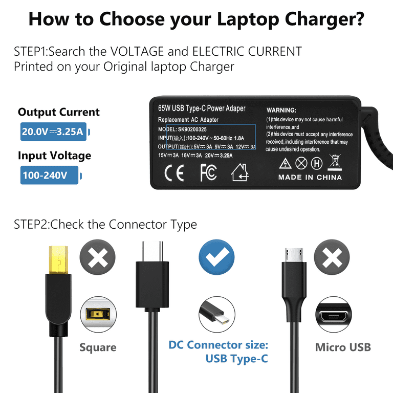 65W USB C Laptop Charger for Lenovo Thinkpad/Yoga/Chromebook Laptop  Computer 20V 3.25A Type-C USB AC Adapter ADLX65YDC2A