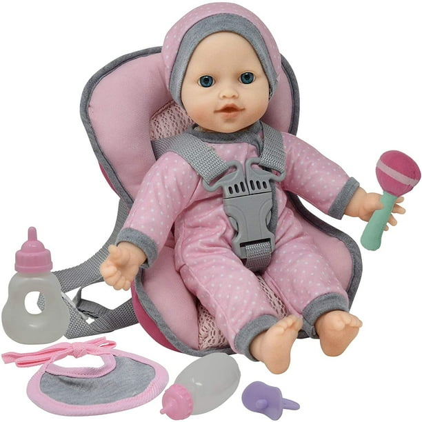 Set viaje p/ muñecas - Portabebés coche p/ muñecas c/ mochila, muñeca suave 12 Incluye biberones y accesorios juguete... (caucásicas)