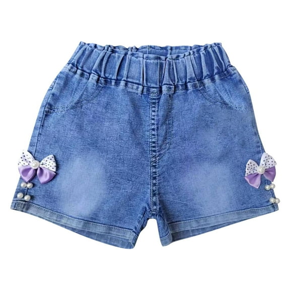 ZACPNCV Girls Denim Shorts Summer Cute Lace Ruffle Heart Embroidered Jean Shorts Elastic Waist Causal Denim Short Pants 5-6 Years