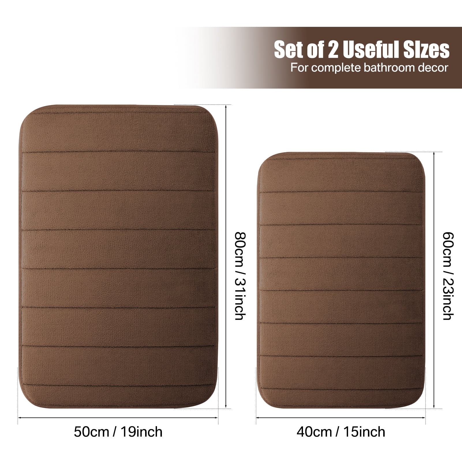 2 Piece Memory Foam Bath Mat Set Thick Bathroom Rugs Soft Bath Mats for Bathroom Extra Absorbent Floor Mats Bath Rugs Set for Kitchen/Living Room(20" x 32"/17" x 24", Brown)