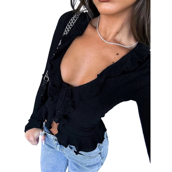 Women Ruffle Tie Front Cardigan Sweater Long Bell Sleeve Cropped Knit Sweater Top Black L