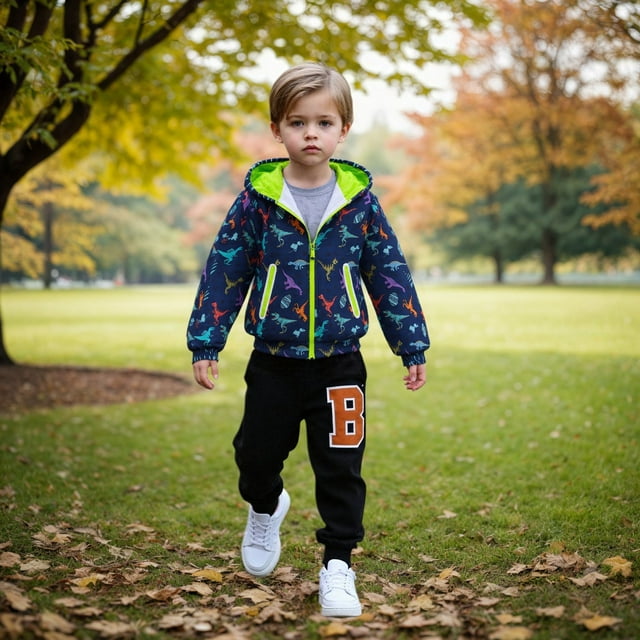 Boys Outdoor Jacket Lightweight Breathable Dinosaur Print Hooded Coat Windproof Rain for All Seasons