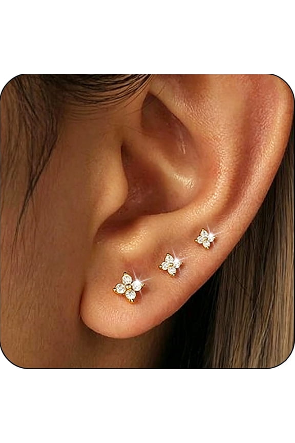 3 Pairs 18K Gold Plated Flower Stud Earrings for Women Hypoallergenic Small Cartilage Post Earring Sets Birthday Graduation Jewelry Gifts Teen Her Mom Girlfriend Female Wife Adults Ideas