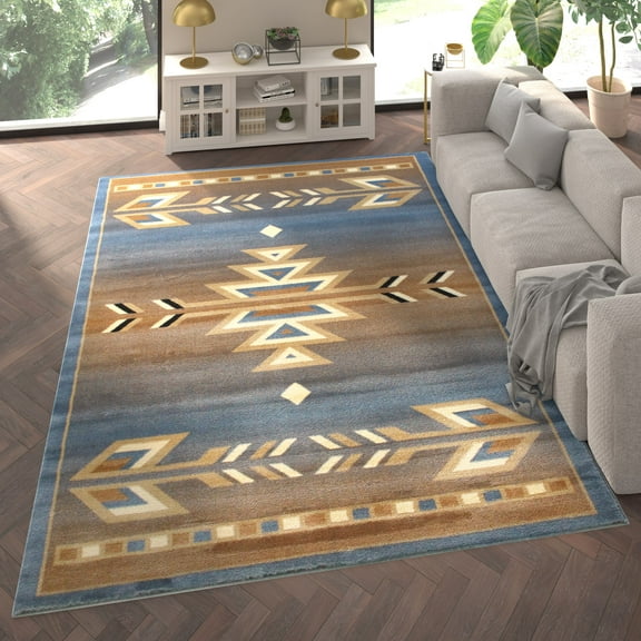 Emma Oliver 8x10 Olefin Accent Rug with Southwestern Geometric Arrow Design in Blue, Black, Beige & Ivory and Natural Jute Backing