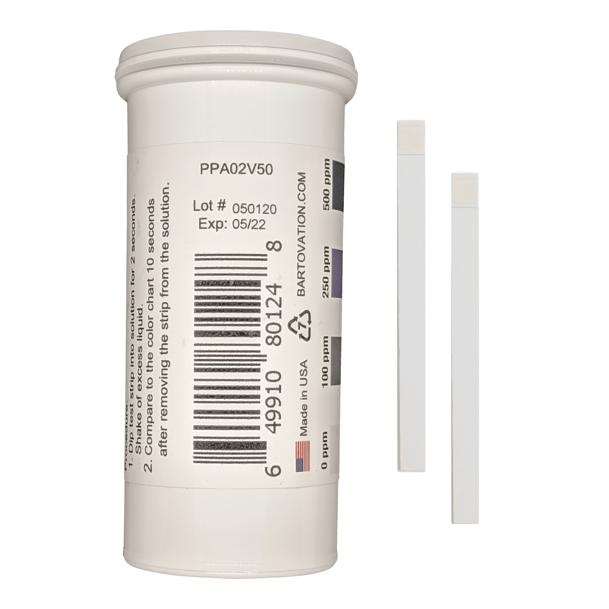 Peracetic Acid Test Strips, High Level, 0500 ppm [Vial of 50 Strips