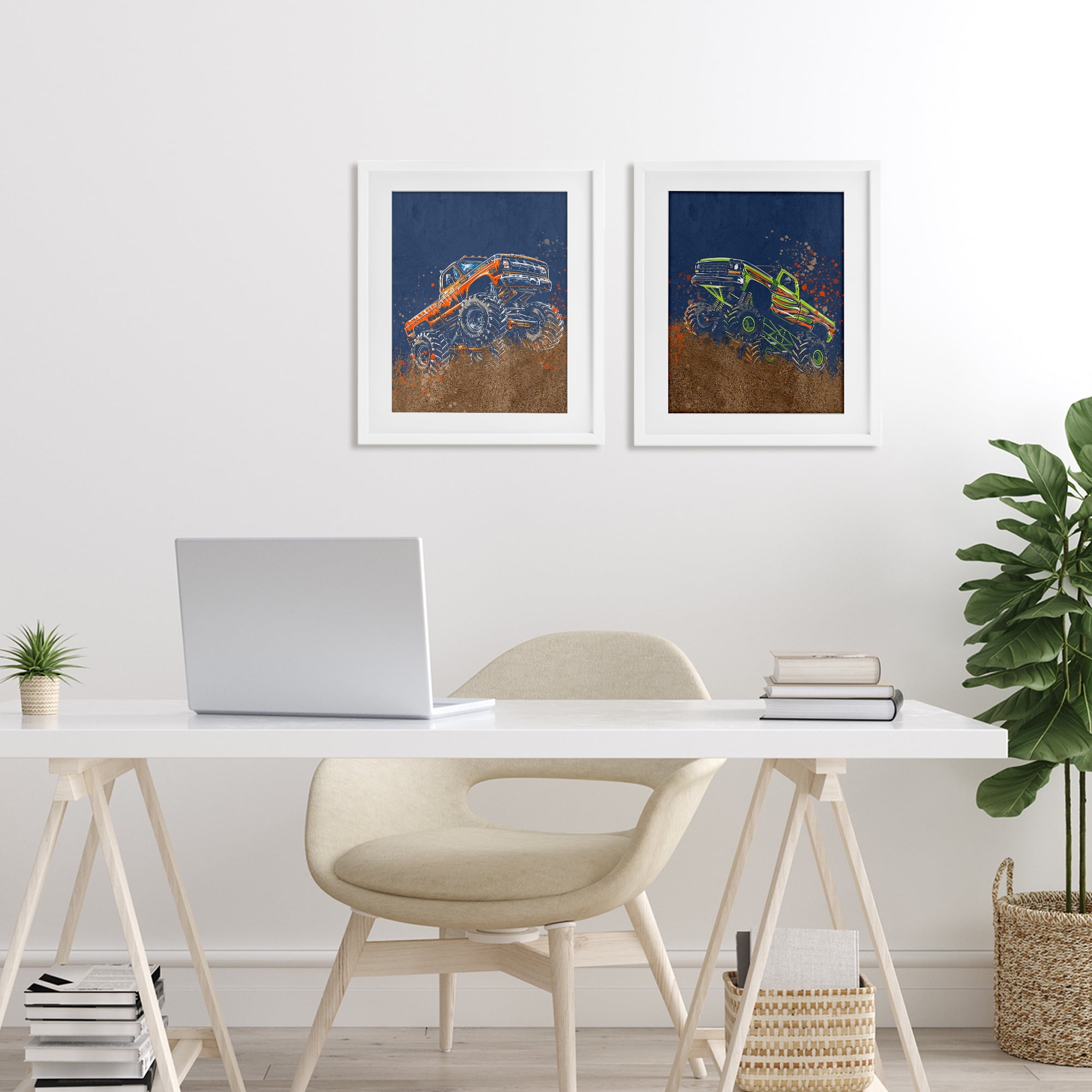 Monster Truck Jam 2 Piece White Framed Print Under Glass Set, design by Kim Allen