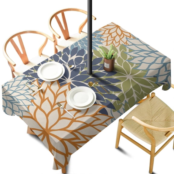 Outdoor Floral Art Modern Classic Tablecloth with Umbrella Hole and Zipper,Rectangle Waterproof Wrinkle Free Table Cloth Decorative Fabric Washable Table Cover for Patio, Party, Picnic 60 X 102 Inch