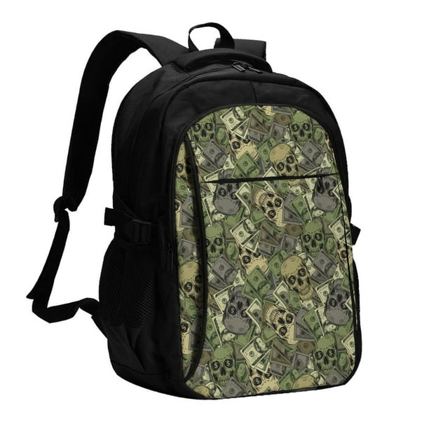 Balery Green Skulls Mochila con carga USB para hombre y mujer - Mochila impermeable y antirrobo para laptop con puerto USB para viajes, trabajo