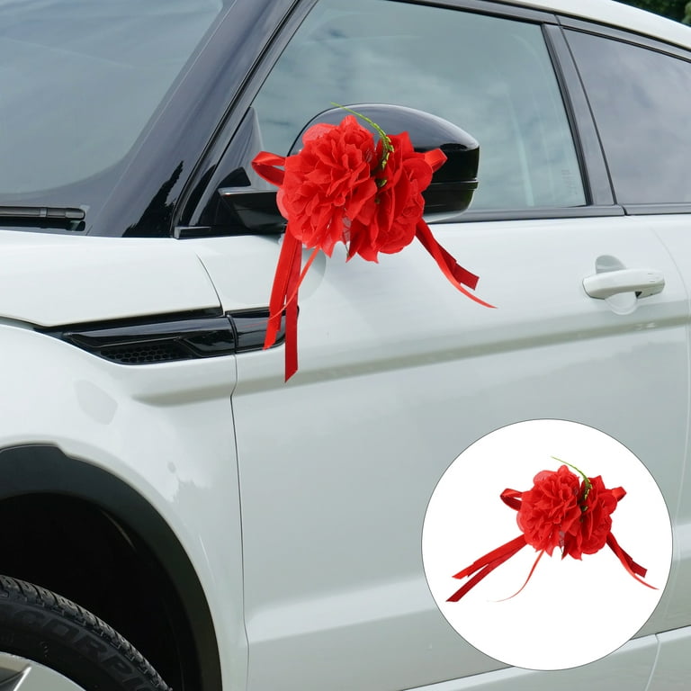 Wedding Car Decoration Flower Door Handles Rearview Mirror Decoration Artificial Silk Flower Ornamnets for Wedding Short Ribbon (Red), Size: 2