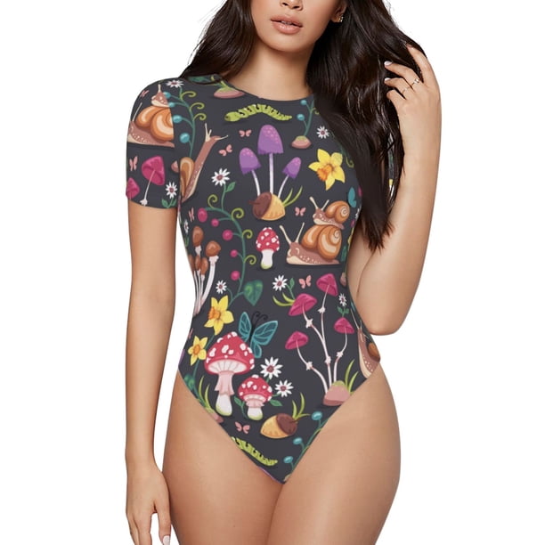 Balery Mushrooms Snails Butterflies Body de cuello redondo de manga corta para mujer Tops de manga corta Tops básicos-Small
