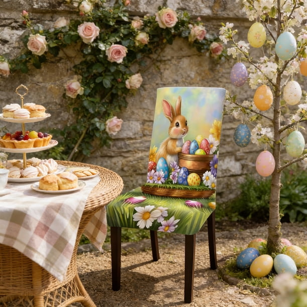 Decoraciones de Pascua, adornos de Pascua, regalos de Pascua Funda de taburete de Pascua Decoración navideña de conejito de huevo de Pascua Funda de taburete Decoración de restaurante Funda de silla d