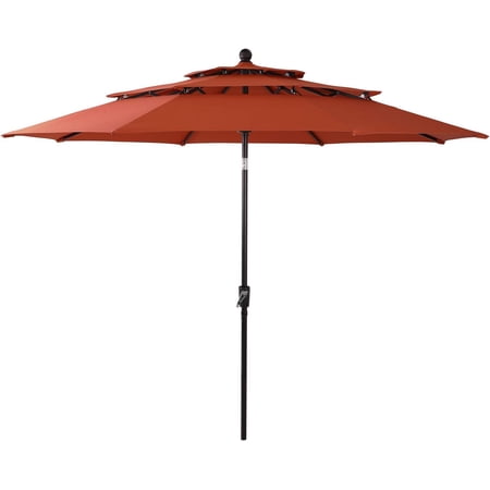 10Ft 3 Tier Auto-Tilt Patio Umbrella  Outdoor Double Vented Umbrella With Crank  Orange Red