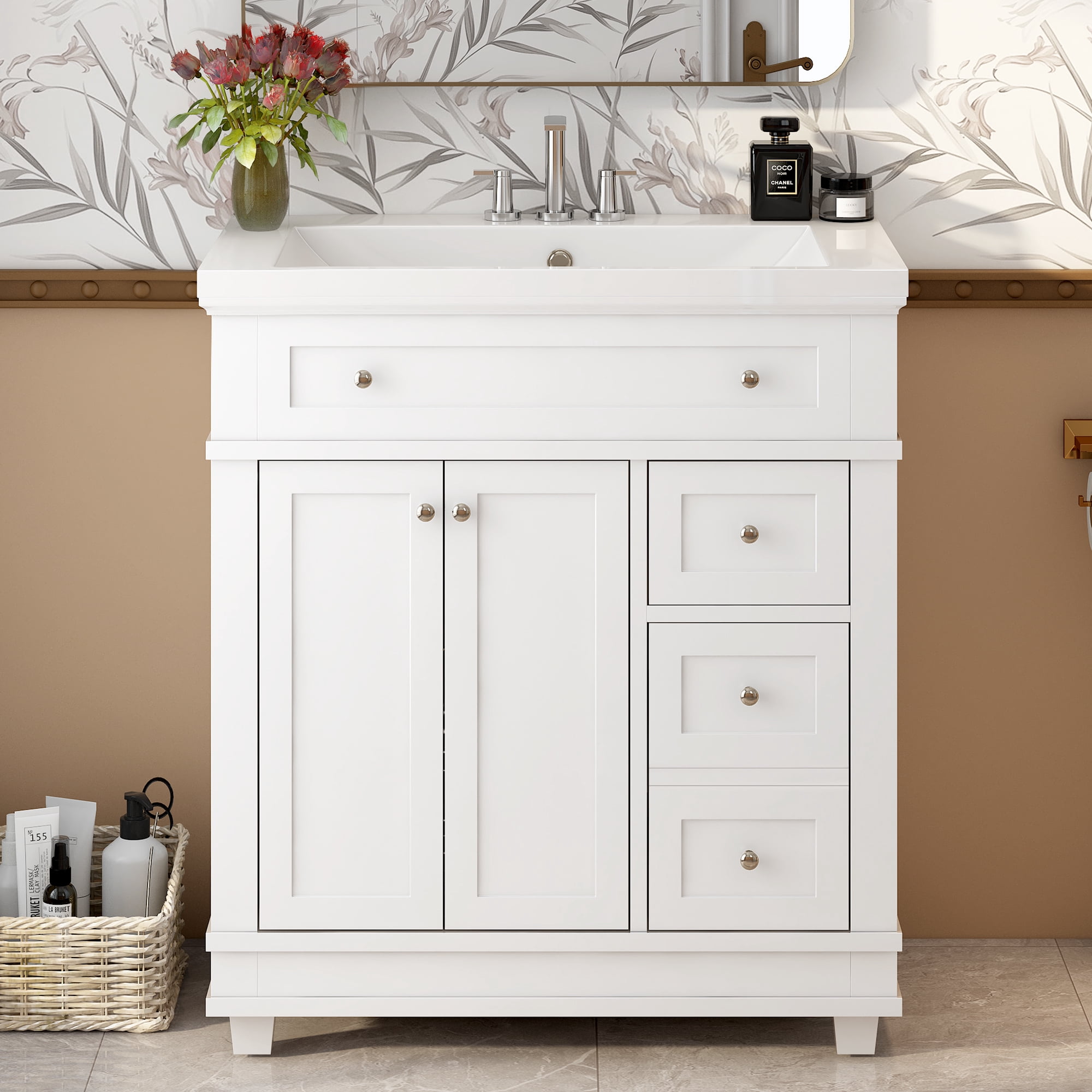 Euroco 30" Bathroom Vanity Cabinet with Sink Combo Set, Undermount Resin Sink, Free Standing Vanity Set with 2 Drawers& Soft Closing Doors, Solid Wood Frame Bathroom Cabinet, White