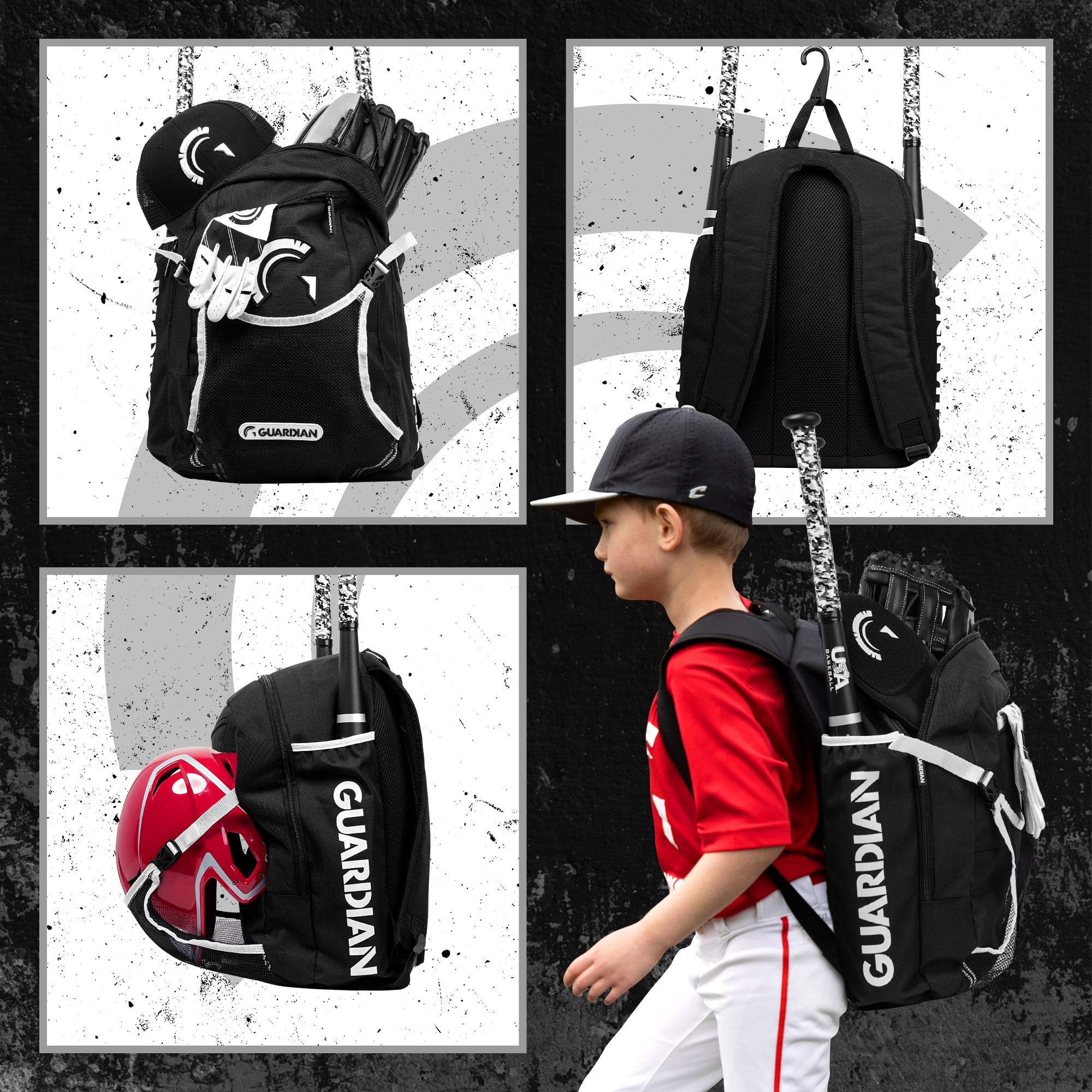 Guardian Baseball Backpack for Youth, Softball Bag for Girls, Durable Bat Bags Baseball Youth Boys and Girls, TBall Bag – Includes Hook to Hang on Fence - Black/White