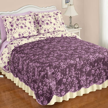 Collections Etc Unique Rose Reversible Scalloped Edge Quilt Aubergine - King