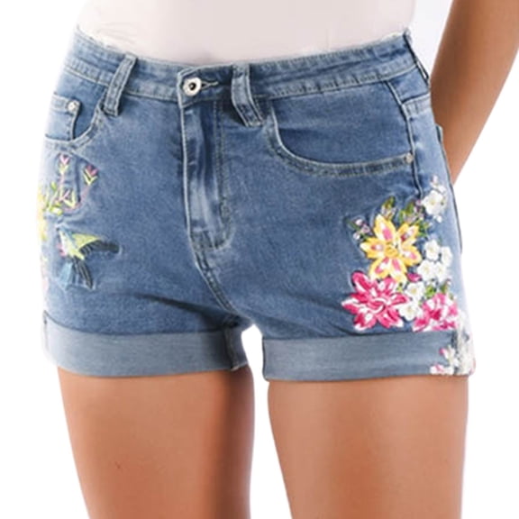 YVNAURA Women's Embroidered Denim Shorts Tassel Irregular Frayed Raw Hem Mid Waist Distressed Flower Jean Shorts for Summer Festival Casual Boho,Light Blue,L