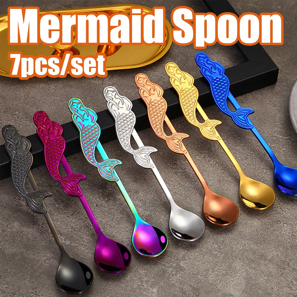 Cute Mermaid Spoon Handle Spoons Flatware Coffee Drinking Tools Kitchen Gadget,Food Grade 304 Stainless Steel Rose Gold, Length:12.5cm 