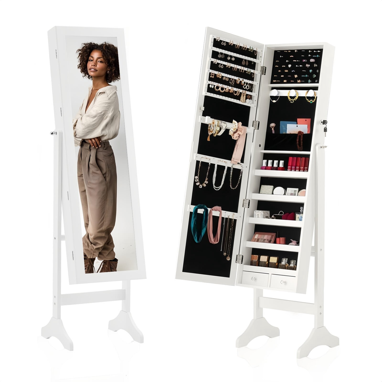 Kelno 60" Freestanding Jewelry Armoire with HD Mirror LED Lights Wall/Door Mounted Jewelry Organizer Cabinet, White