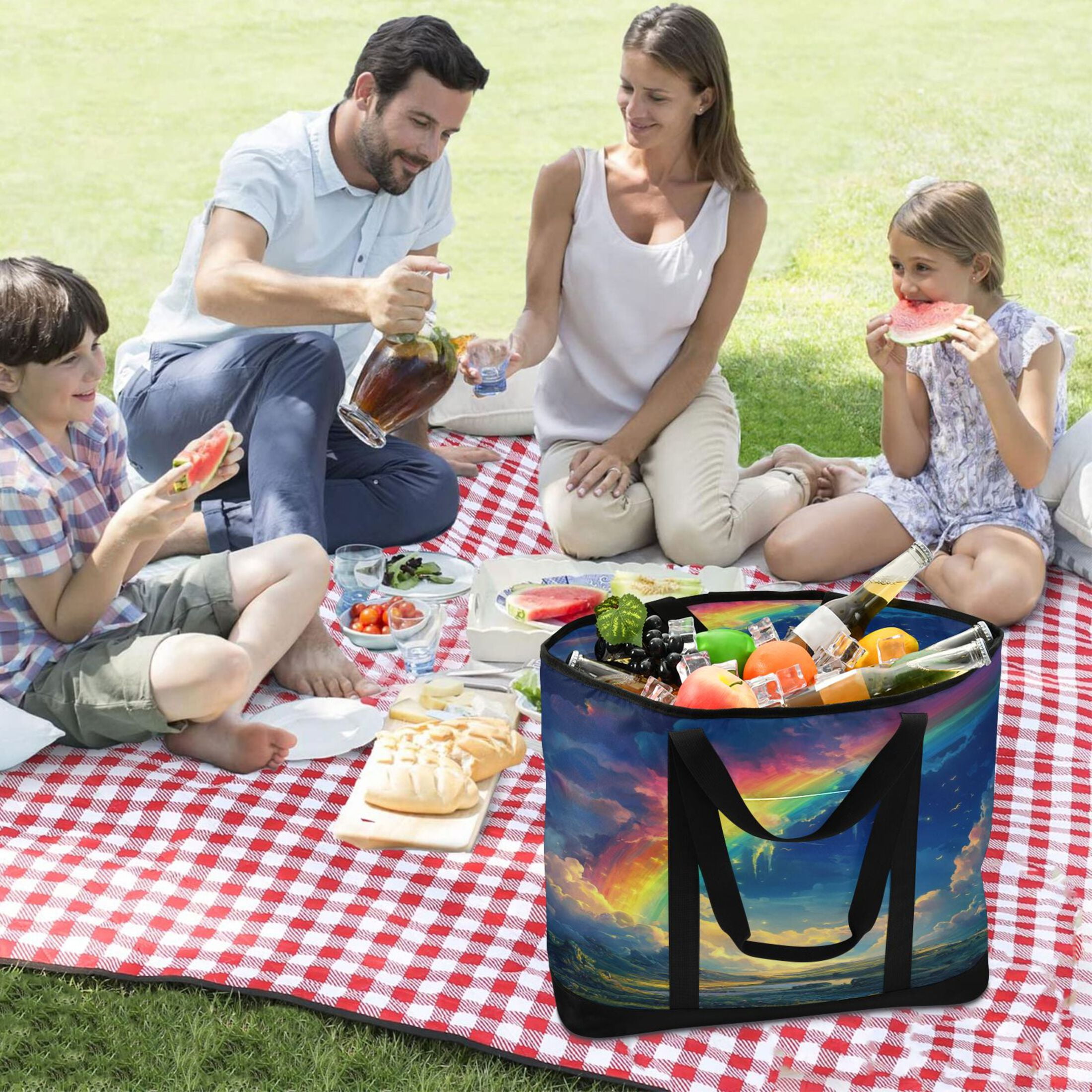 Large Hand-held Ice Pack Picnic Bag Insulation and Refrigeration Suitable for Shopping Picnics and Camping Super Cool Rainbow
