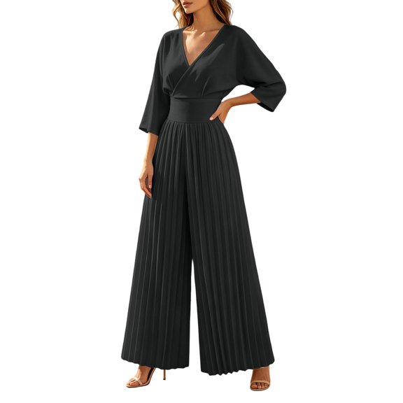 Edvintorg Women Jumpsuit Lightweight 3/4 Sleeve V Neck Casual Flowy Romper with Wide Leg Pant One Piece Womens Trendy Clothes S-2XL Black