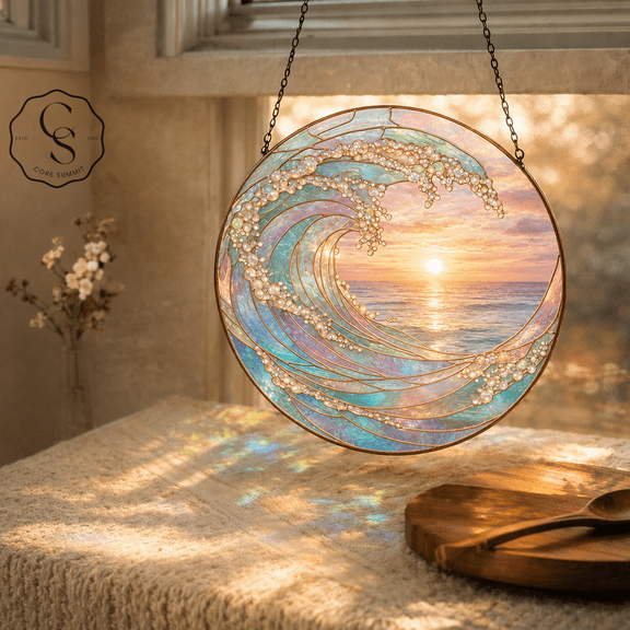 Glass Suncatcher Pastel Ocean Wave Glass Window Hanging for Beach House Gift for Mom