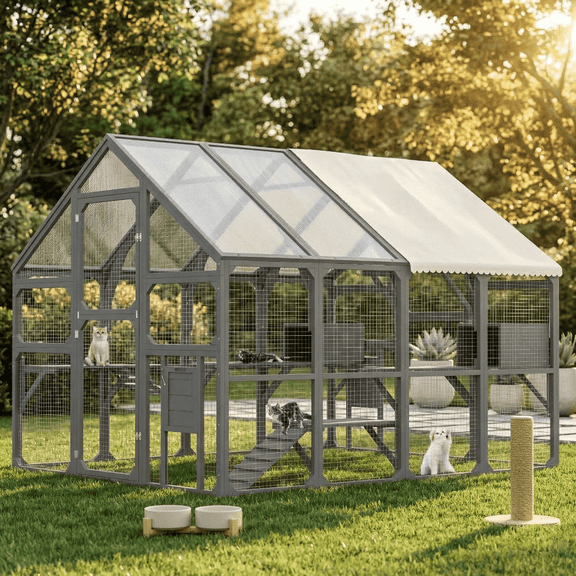 Large Outdoor Catio for Multiple Cats, Walk-In Cat Enclosure with 7 Platforms, 2 Resting Boxes, Sunshine Board Roof, Bridge & Ramp, Gray