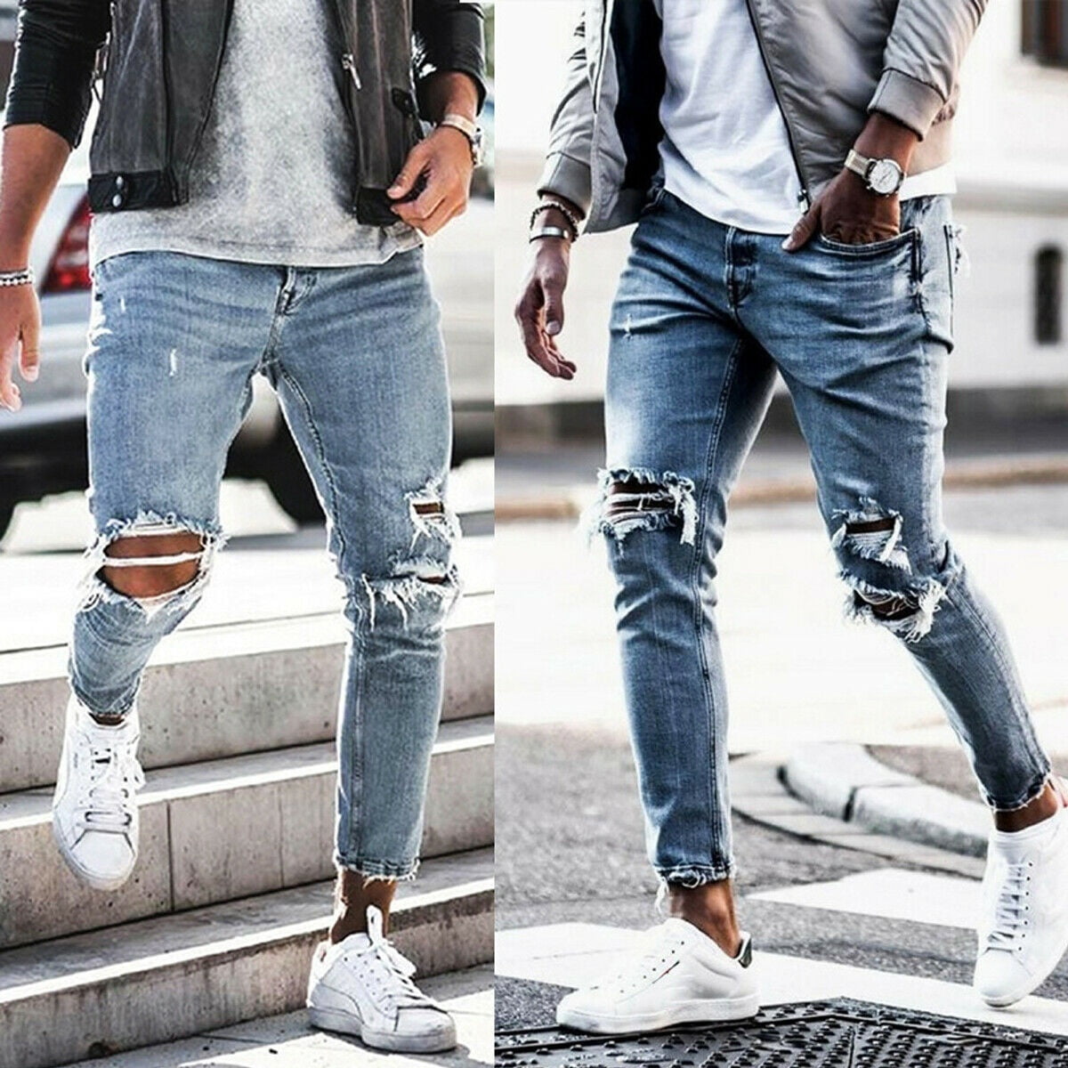 Handsome Fashion Men's Skinny Jeans Destroyed Frayed Slim Fit Denim Holes Trousers Light Blue S-XXL | Walmart Canada