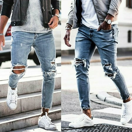 Handsome Fashion Men's Ripped Skinny Jeans Destroyed Frayed Slim Fit Denim  Pants Holes Trousers Light Blue S-XXL | Walmart Canada