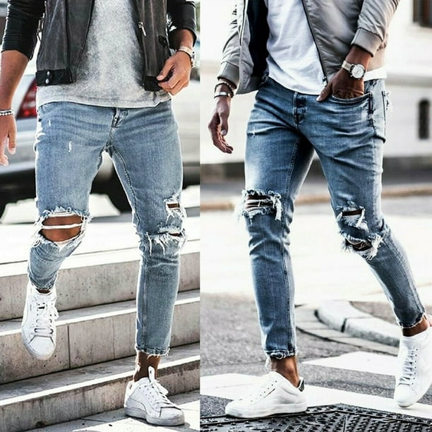 Dial To Nine metallic Handsome Fashion Men's Ripped Skinny Jeans Destroyed Frayed Slim Fit Denim  Pants Holes Trousers Light Blue S-XXL - Walmart.com