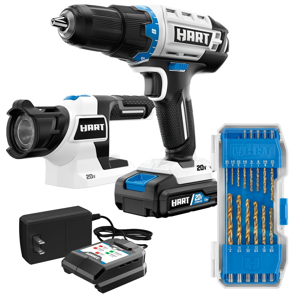 HART 20Volt Cordless 1/2inch Drill and LED Light Kit with 14Piece
