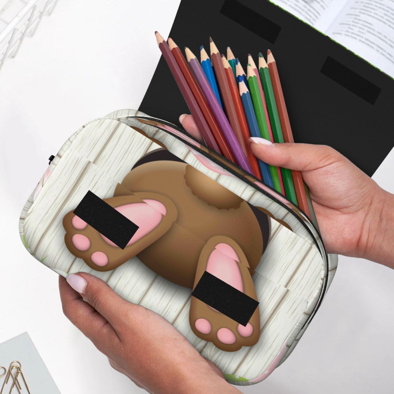 Rateoe Brown Bunny Pattern Double Clamshell Pen Case, Storage Organizer with Two Zipper Compartments– Holds Up to 50 Pencils & Pens
