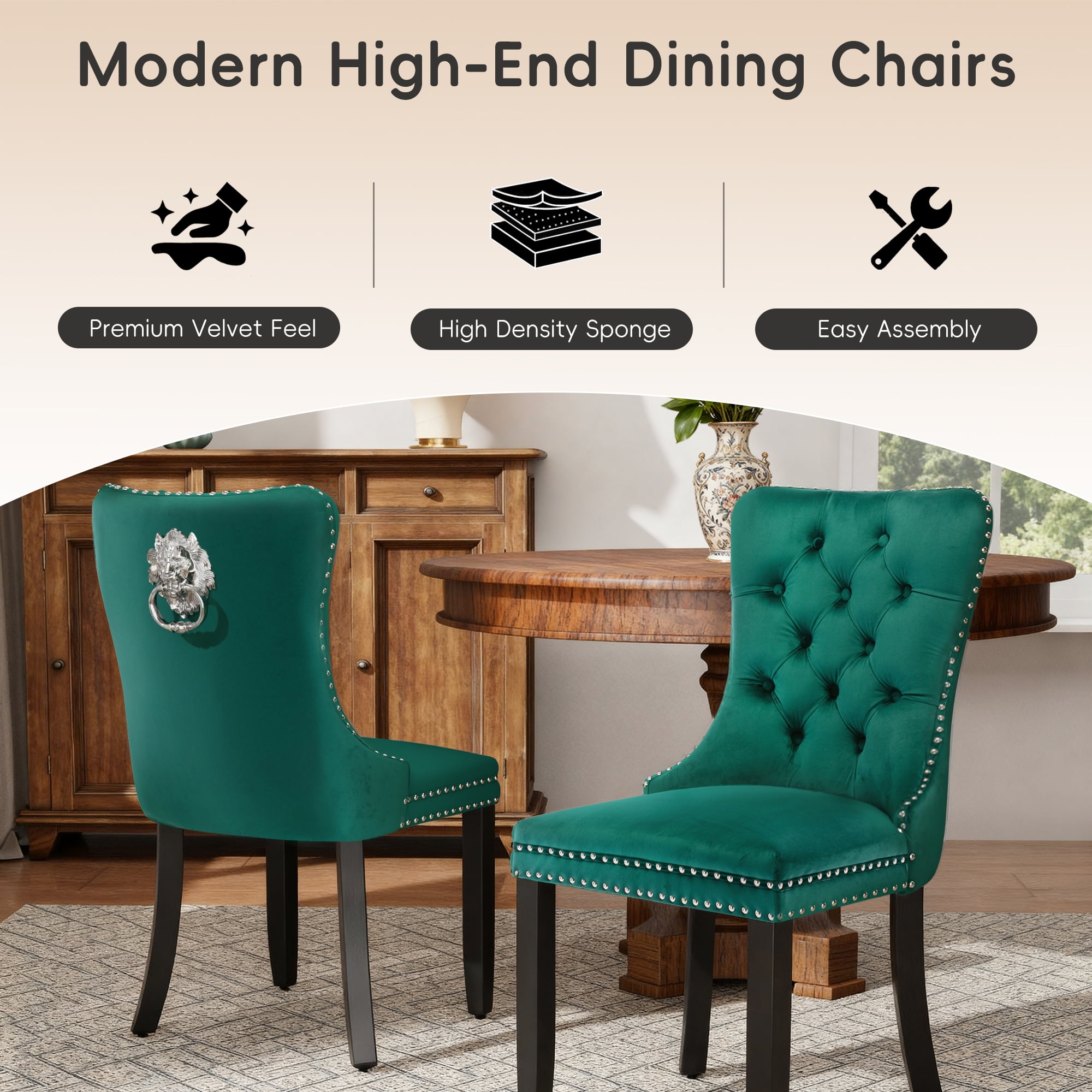DONICK Velvet Upholstered Dining Chair Set of 6,Modern Tufted Kitchen Chairs Nailhead Lion Pull Ring Black Wood Legs(Black)