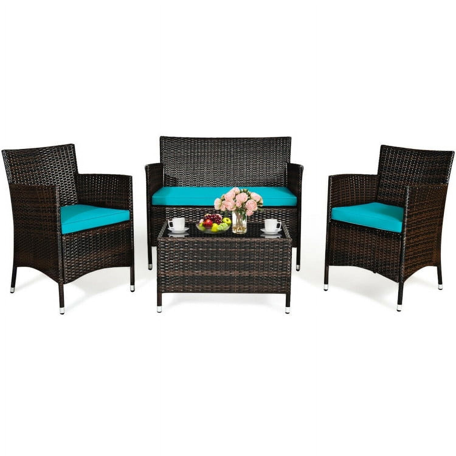 Aimee Lii 4 Pieces Patio Cushioned Wicker Conversation Set, Outdoor Sectional Set with with Glass Coffee Table, Turquoise Aimee Lii 4 Pieces Patio Cushioned Wicker Conversation Set, Outdoor Sectional Set with with Glass Coffee Table, Turquoise