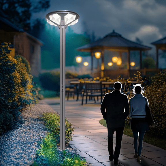 Outdoor Solar Lamp Post with 10' Galvanized Steel Light Pole, Diamond Shape, Motion Sensor, IP65 Waterproof, Dusk to Dawn, 648-LED Outdoor Solar Light with Remote for Street, Parking Lot, Pathway