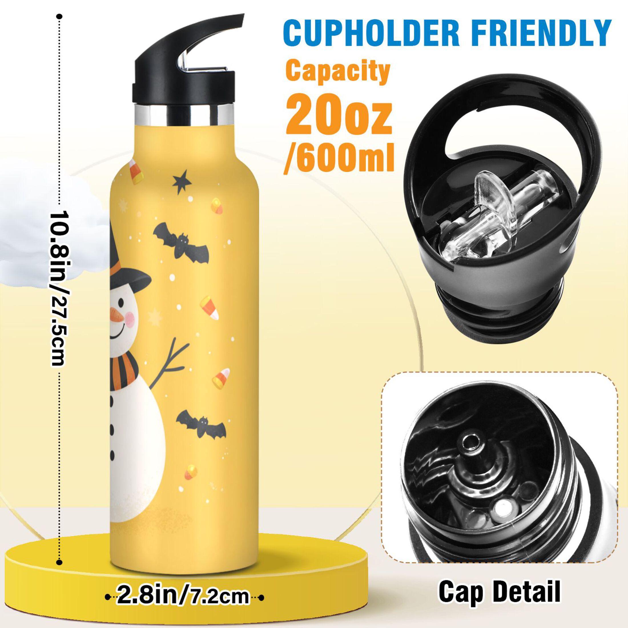 Kids Insulated Stainless Steel Sports Water Bottle 600ml (20oz) Snowman with Witch Hat