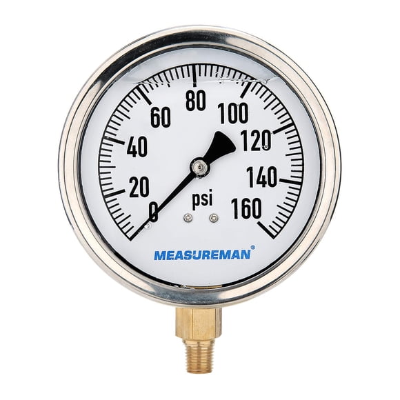 MEASUREMAN Medidor de presión de plomería lleno de glicerina con tamaño de esfera de 4 ", caja de acero inoxidable de 0-160 psi, montaje inferior NPT de 1/4"