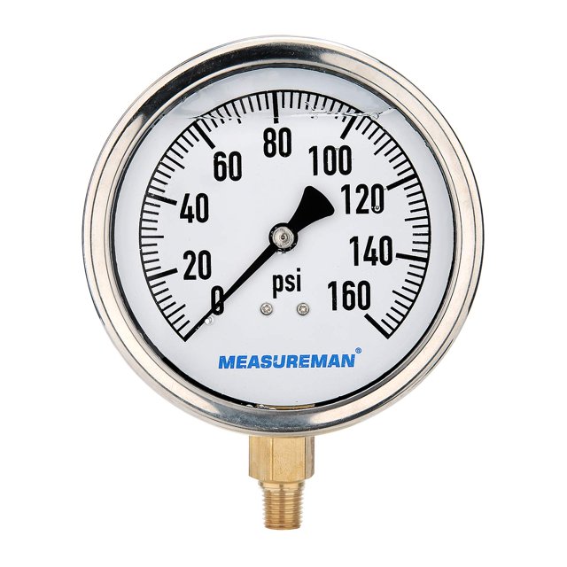 MEASUREMAN Medidor de presión de plomería lleno de glicerina con tamaño de esfera de 4 ", caja de acero inoxidable de 0-160 psi, montaje inferior NPT de 1/4"