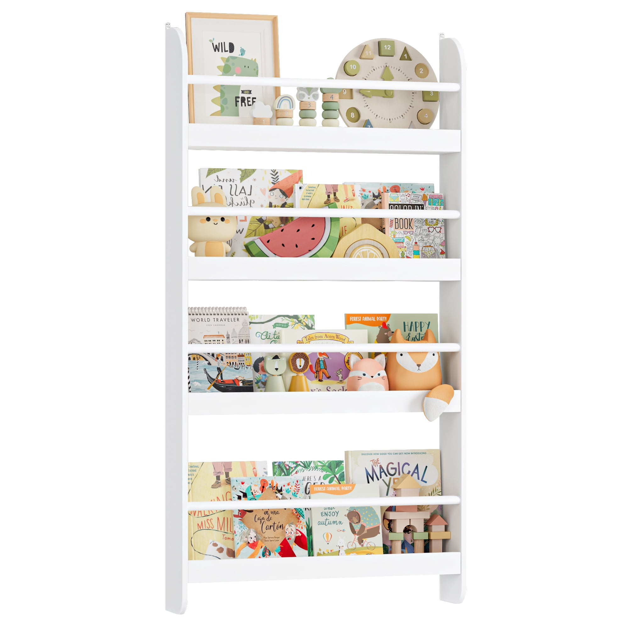 Homfa 4-Tier Wall Bookshelf, 44.5"H Wall-Mounted Kids Bookshelf, Book Storage Rack for Kids Room, White