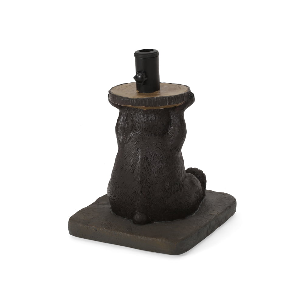 Bear Patio Umbrella Base, Lightweight Concrete with Resin Finish, Dark Brown Decorative Umbrella Stand, No Assembly Required