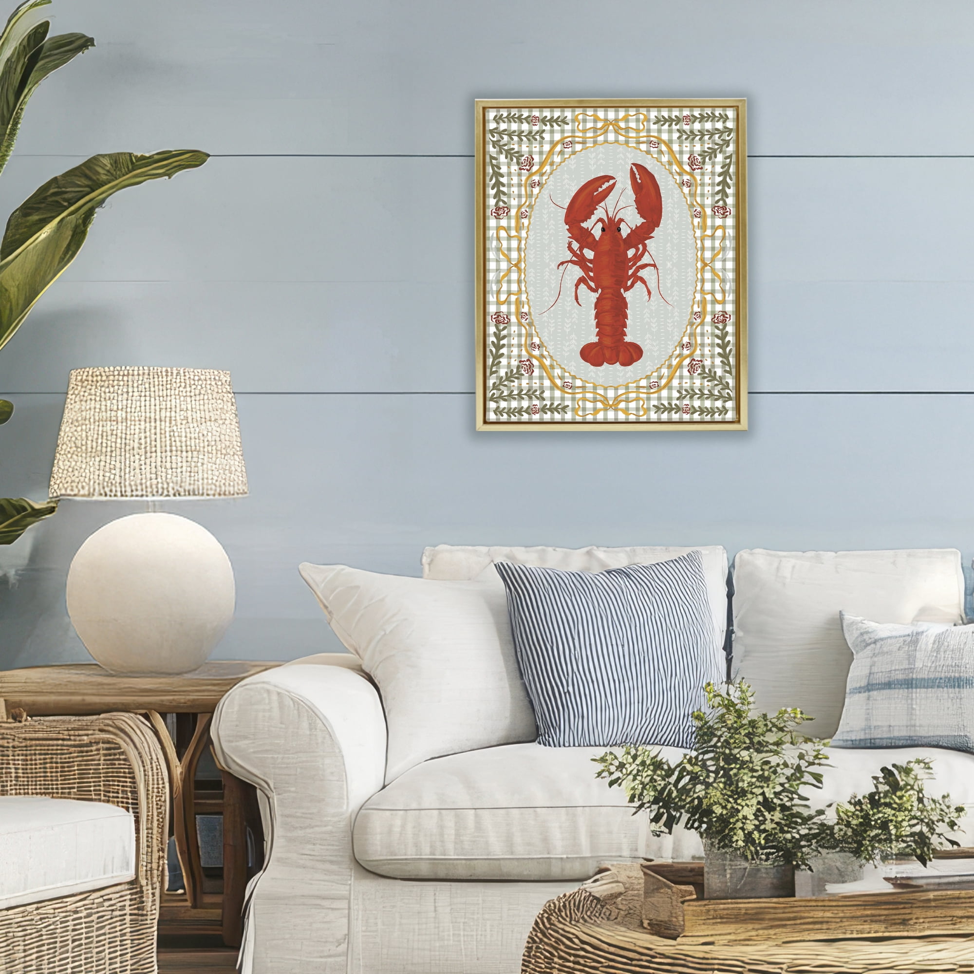 Stupell Industries Lobster with Gingham Kitchen Charm Gold Framed Floater Canvas Wall Art, design by Vero Illustrates