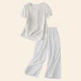 thumbnail image 2 of Holzkary Linen Sets for Women 2 Piece Embroidered Set Casual Loose Fit Outfit 2 Piece Outfits Sets Short Sleeve Shirts and Elastic Waist Long Pants Summer Casual Vacation Loungewear White L, 2 of 5