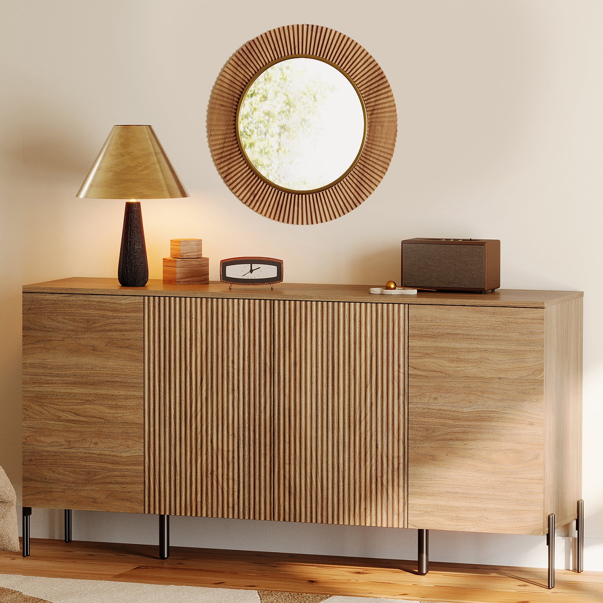 61" Modern TV Stand With Storage, Reeded Entertainment Center, Wooden TV Console With 4 Doors For Living Room
