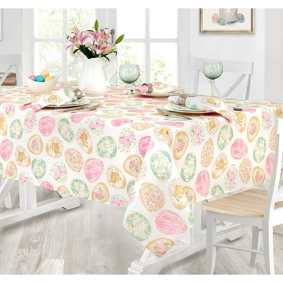 Newbridge Easter Egg Delight 52 x 52 inch Square Fabric Tablecloth, Happy Easter Bunny Rabbit