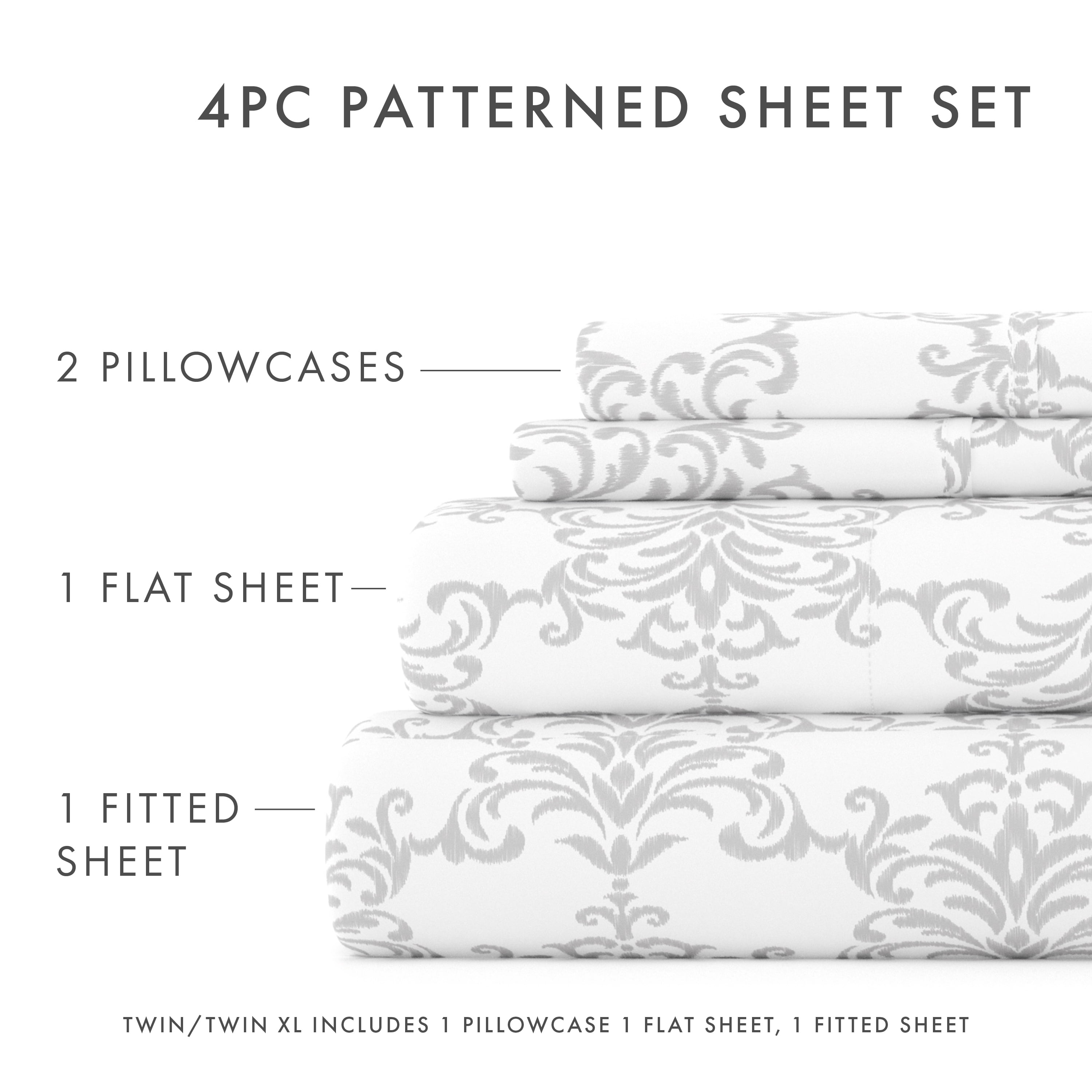 Noble Linens 4 Piece Pattern Microfiber Bed Sheets Set, Light Gray Soft Bouquet, California King