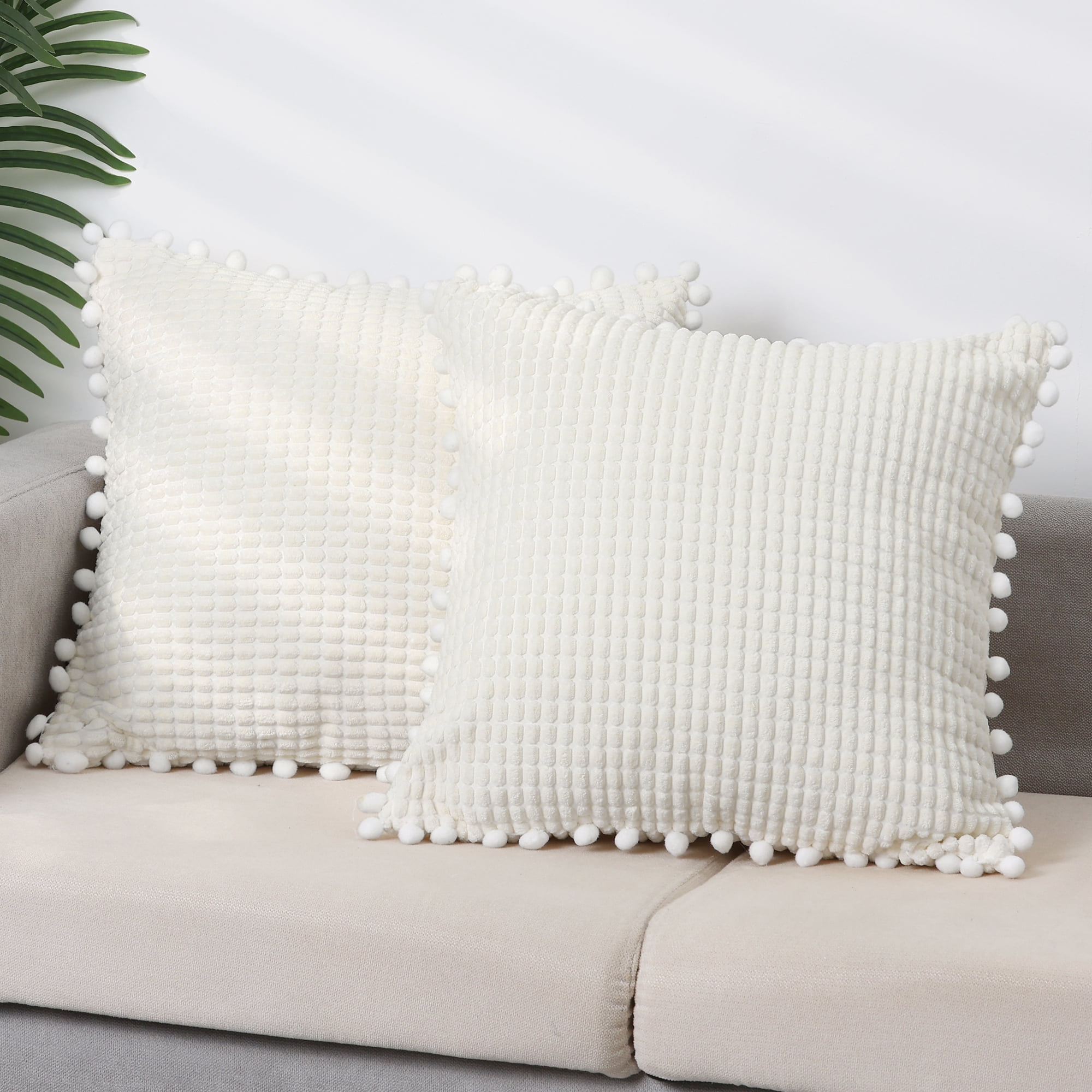 Unique Bargains Solid Neutral Square Throw Boho Decorative Pillow Covers Set of 2 for Home White 18" x 18"