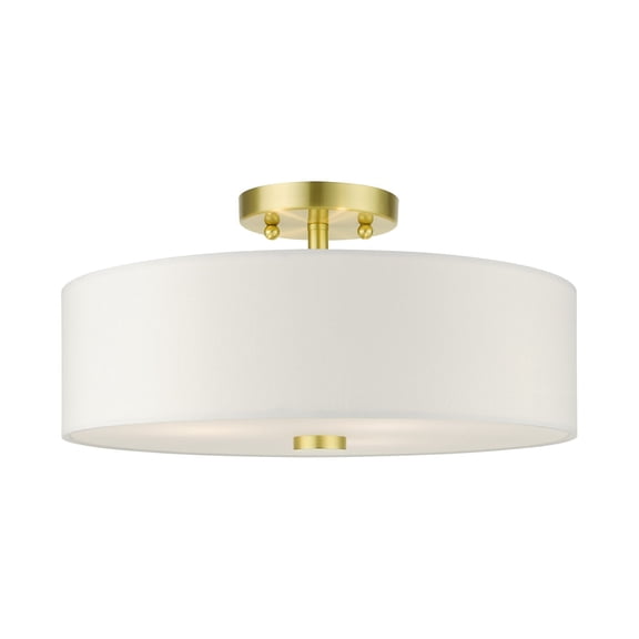 Livex Lighting Meridian 15" 3-Light Metal & Fabric Semi Flush in Satin Brass