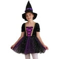 thumbnail image 2 of IEFIEL Kids Girls Halloween Witch Costume Carnival Party Dress Up Velvet Bubble Sleeve Tutu Dress with Hat Purple 12, 2 of 7