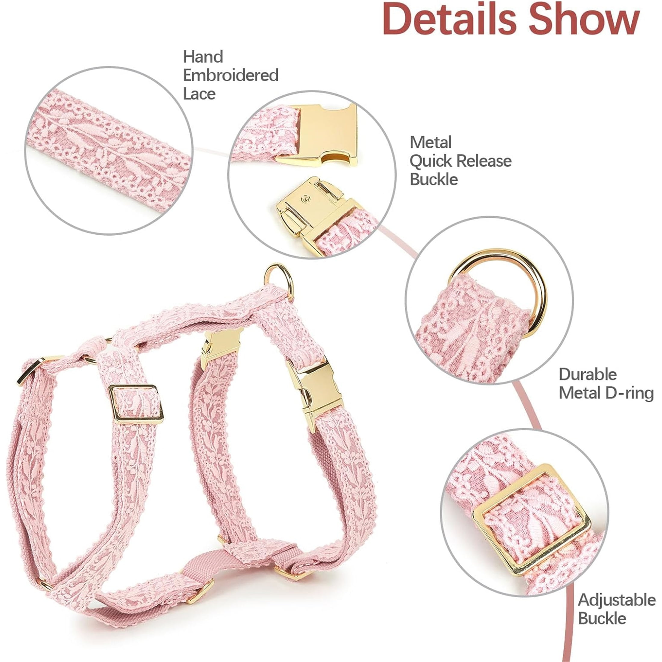 HQREA Embroidered Dog Harness and Leash Set, Easy Walk No Pull Dog Harness with Handle & Bow for Female Dogs