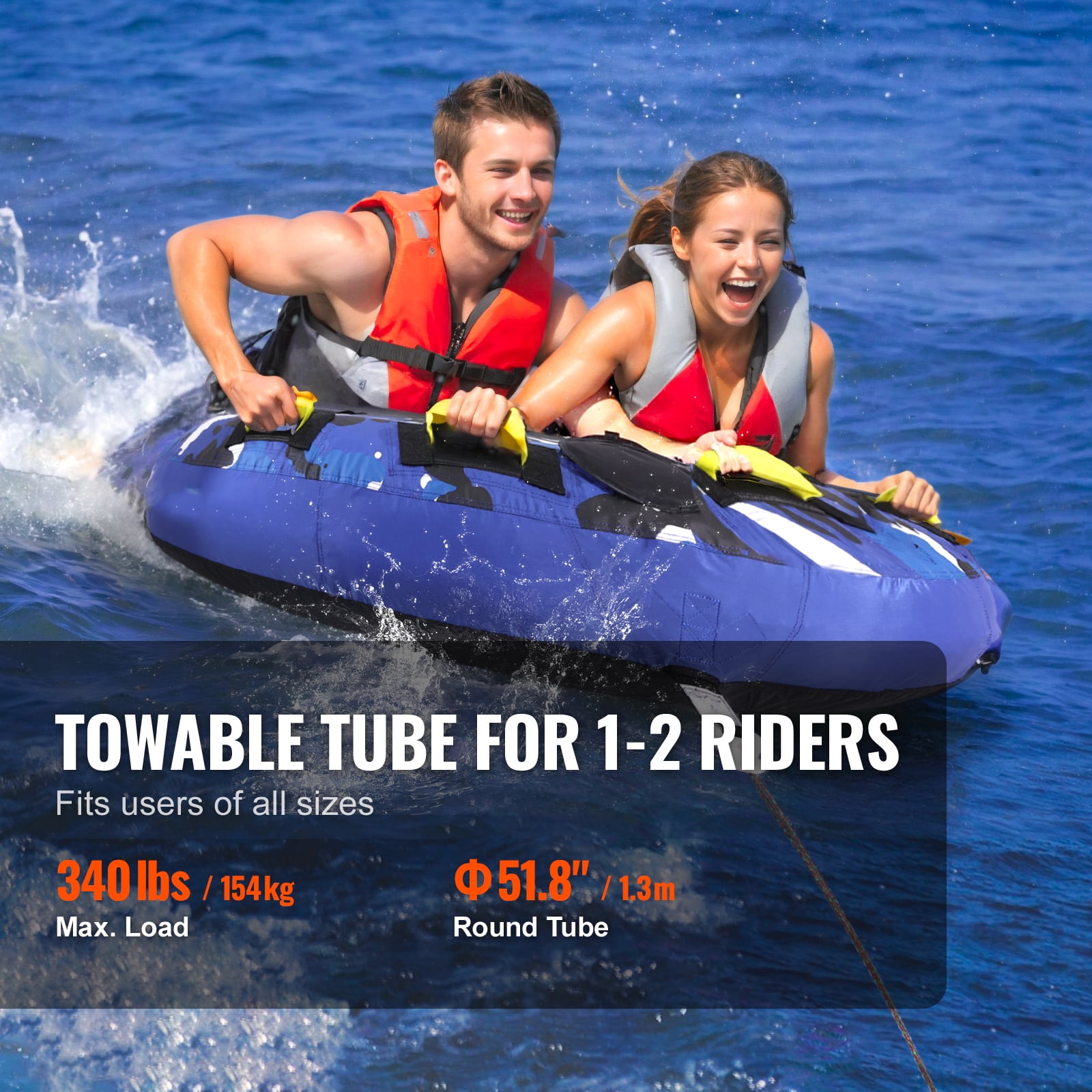 KFFKFF Towable Tube for Boating, 340 lbs Capacity, Inflatable Water Sport Tube for 1-2 Riders, 51.8" Round Design with Durable Nylon Cover, EVA Handles, and Quick-Release Safety Valve